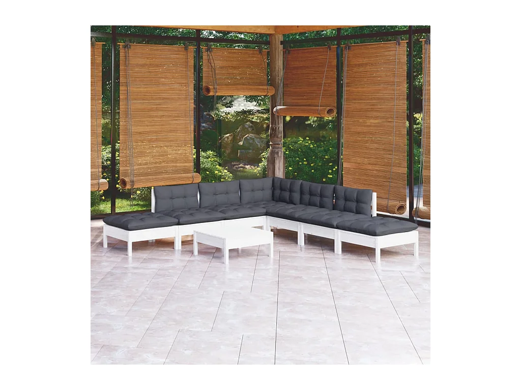 8-tlg. Garten-Lounge-Set mit Kissen Weiß Kiefernholz