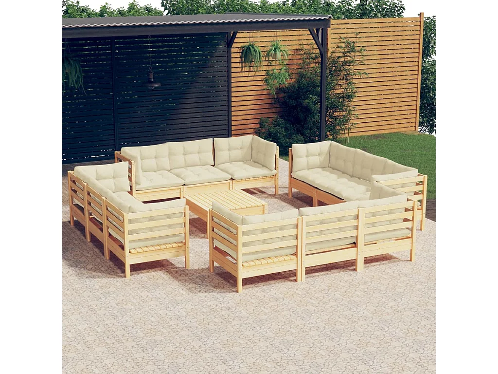 13-tlg. Garten-Lounge-Set mit Creme Kissen Kiefernholz