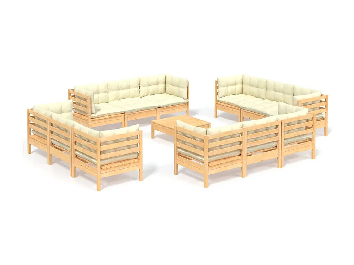 13-tlg. Garten-Lounge-Set mit Creme Kissen Kiefernholz