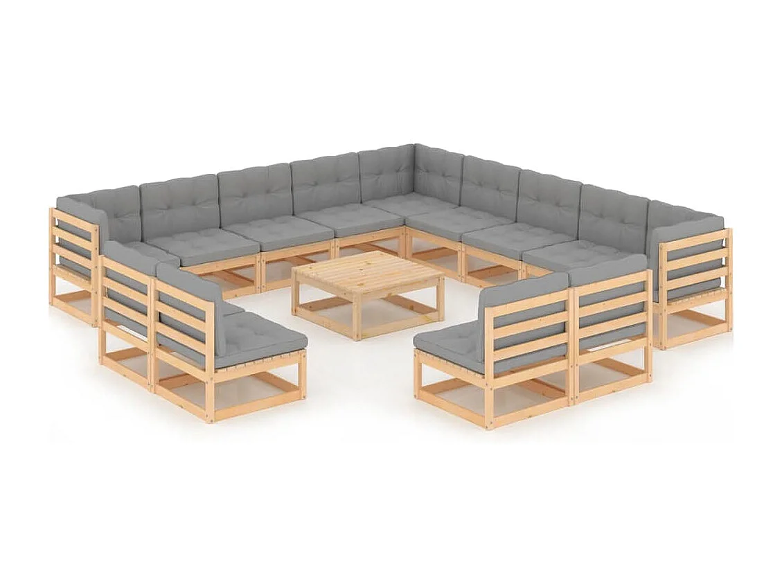 14 pcs conjunto lounge de jardim com almofadões pinho maciço