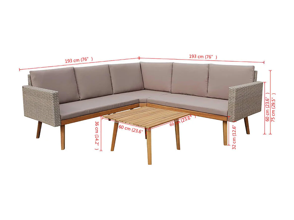 Salon de jardin 4 pcs avec coussins Résine tressée Gris