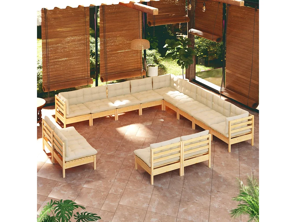 Set Divani da Giardino 13 pz con Cuscini Crema Massello di Pino