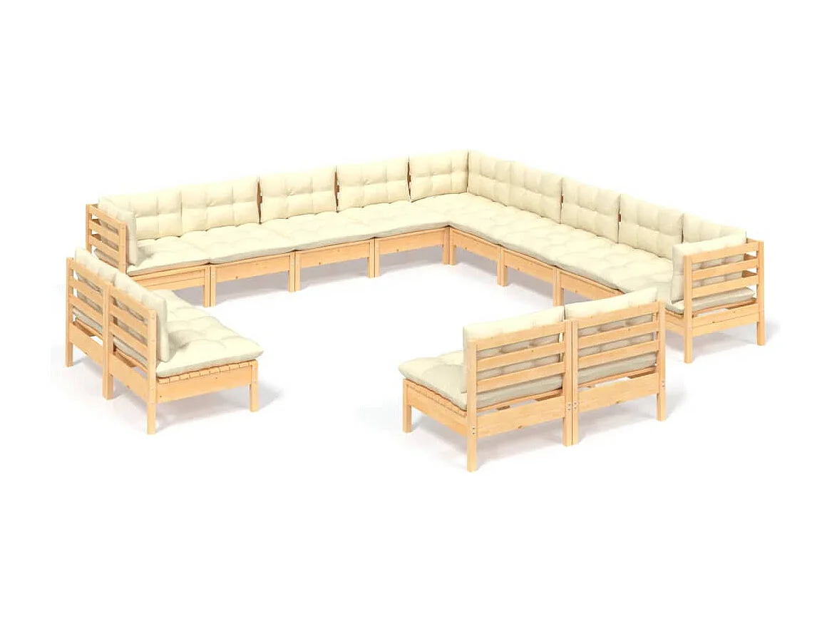 Set Divani da Giardino 13 pz con Cuscini Crema Massello di Pino