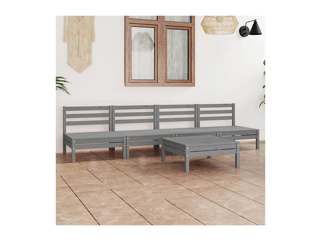 Set Divani da Giardino 5 pz Grigio in Legno Massello di Pino