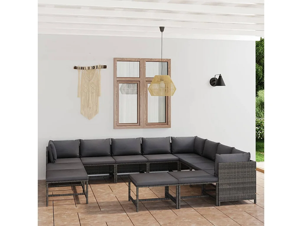Salon de jardin 12 pcs avec coussins Résine tressée Gris