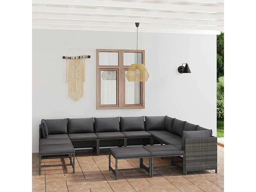 12-delige Loungeset met kussens poly rattan grijs