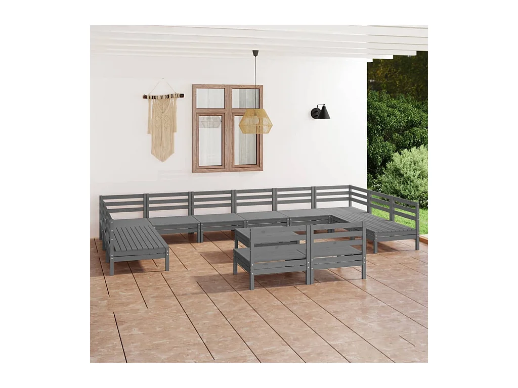 Salon de jardin 13 pcs Gris Bois de pin massif
