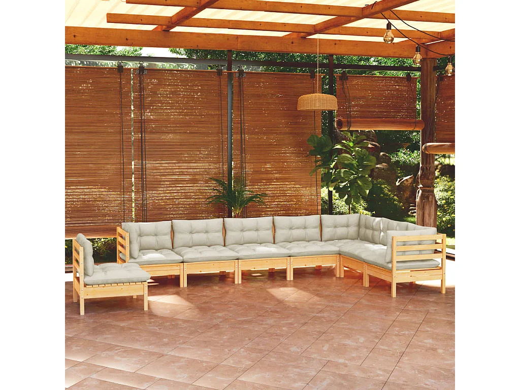 Salon de jardin 8 pcs avec coussins crème Bois de pin massif