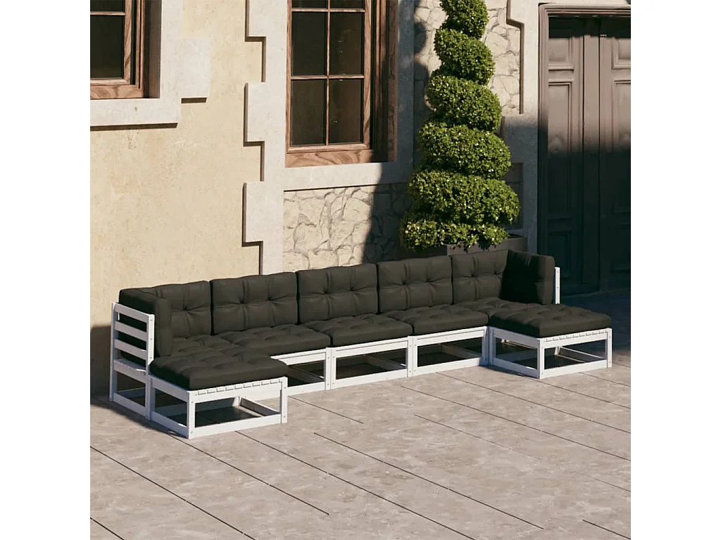 7-delige Loungeset met kussens massief grenenhout wit