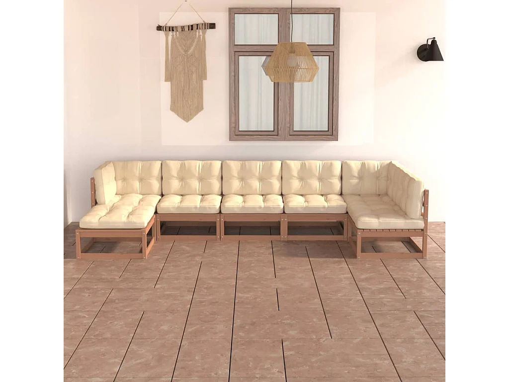 7 pcs conjunto lounge de jardim c/ almofadões pinho maciço