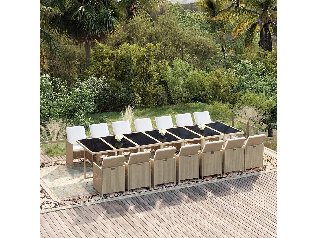 Ensemble à manger de jardin coussins 15pcs Résine tressée Beige