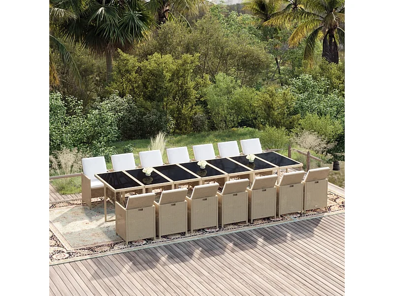 Ensemble à manger de jardin coussins 15pcs Résine tressée Beige