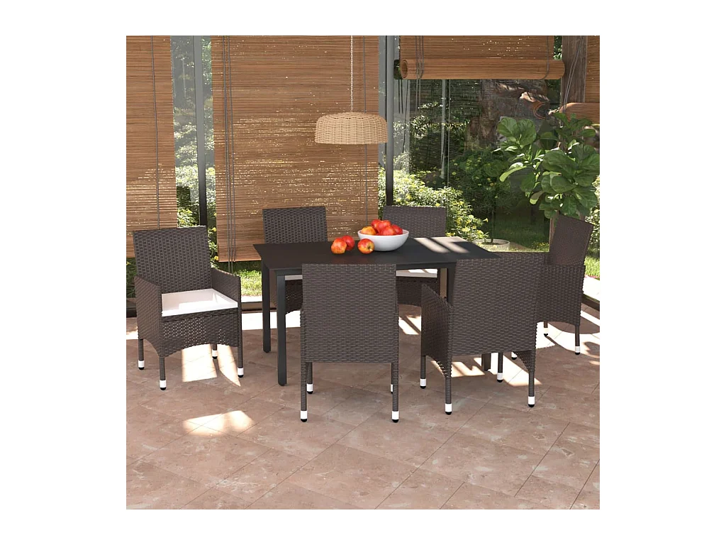 Ensemble à manger de jardin et coussins 7 pcs marron poly rotin