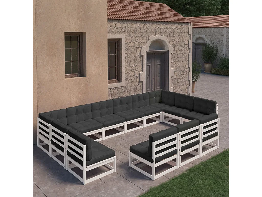 13 pcs conj. lounge de jardim c/ almofadões pinho maciço branco