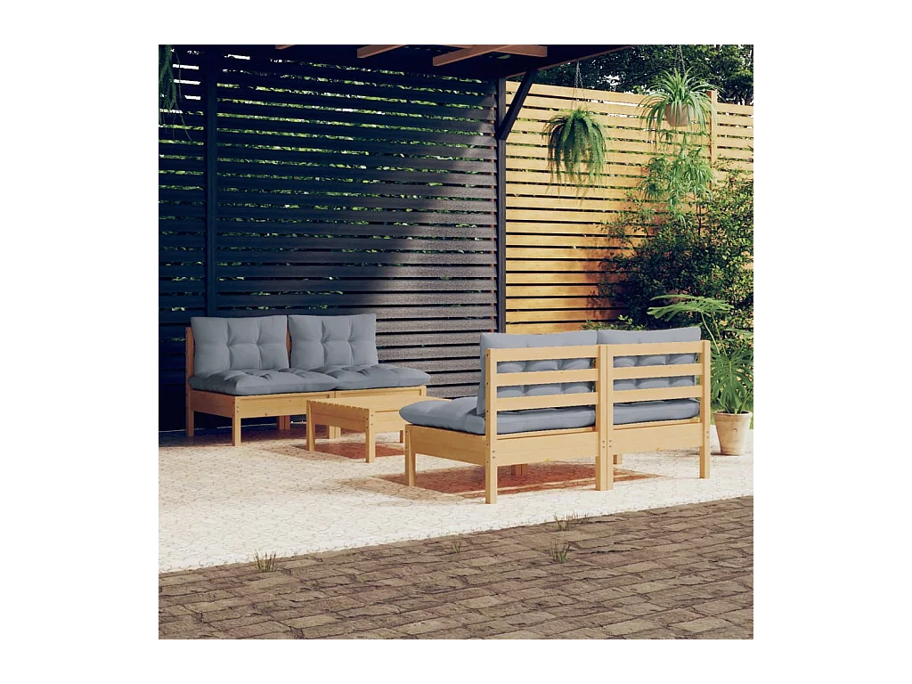 Salon de jardin 5 pcs avec coussins gris bois de pin