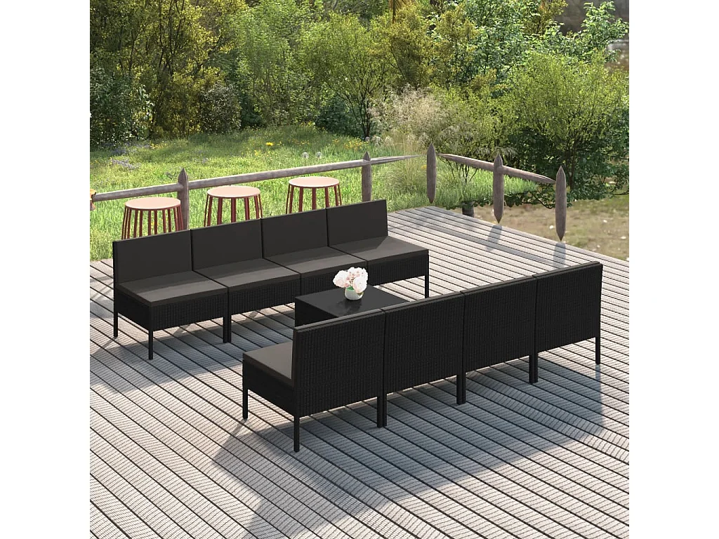 9 pcs conjunto lounge de jardim c/ almofadões vime PE preto
