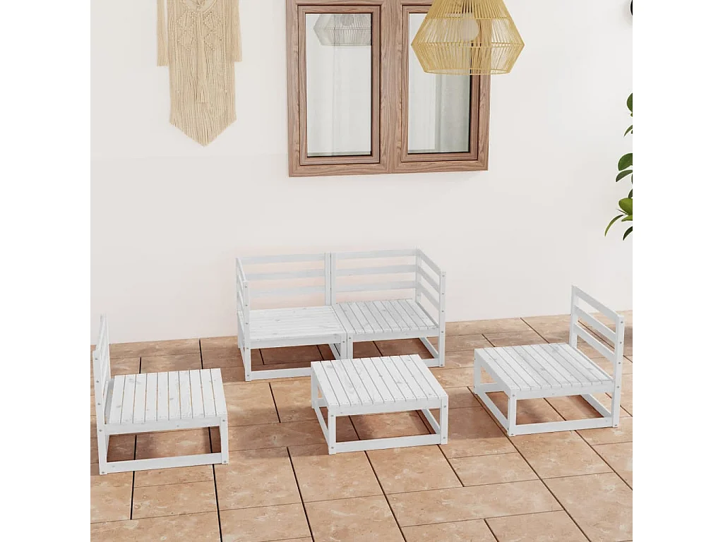 Set Divani da Giardino 5 pz Bianco in Legno Massello di Pino