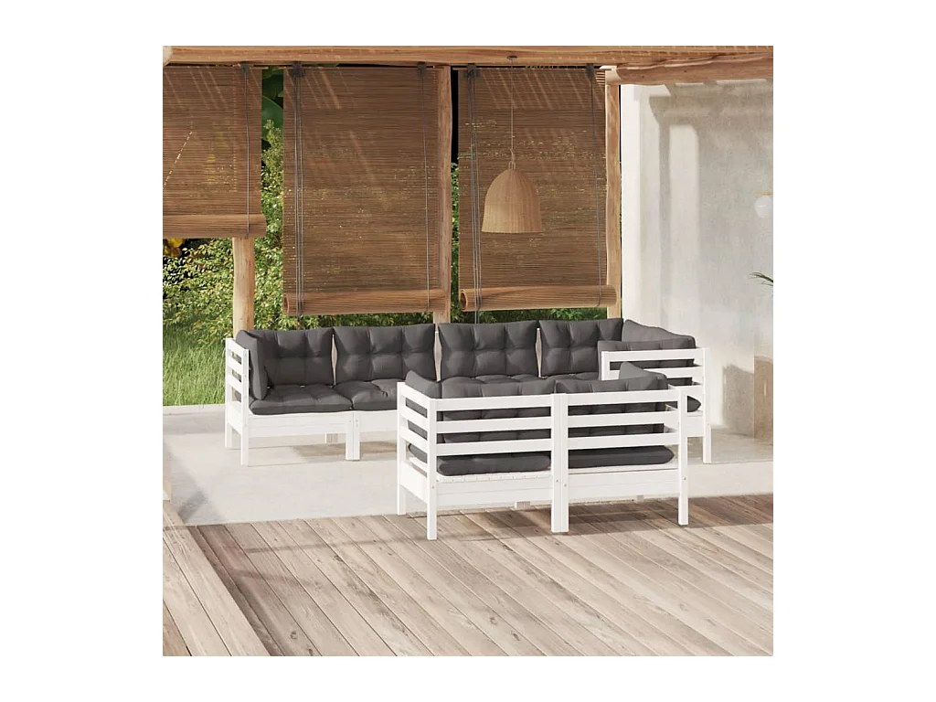 Salon de jardin 7 pcs avec coussins blanc bois de pin massif