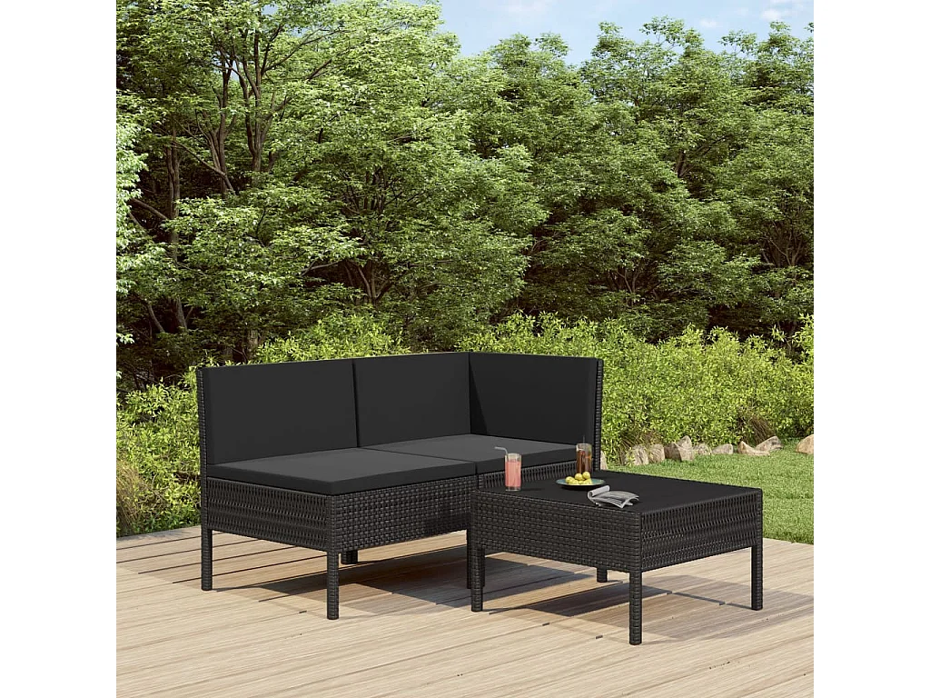 3 pcs conjunto lounge de jardim c/ almofadões vime PE preto