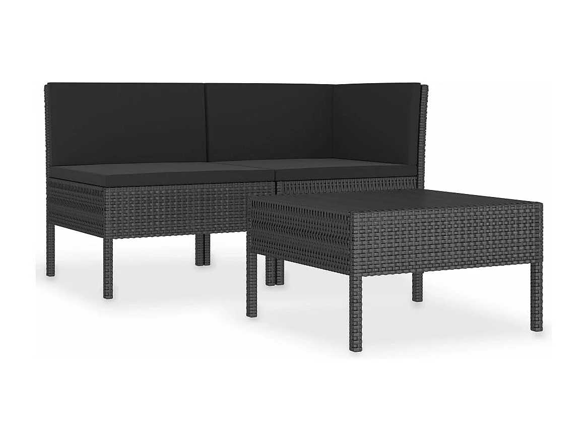 3 pcs conjunto lounge de jardim c/ almofadões vime PE preto