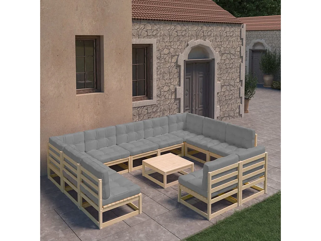 Salon de jardin 12 pcs avec coussins Bois de pin massif