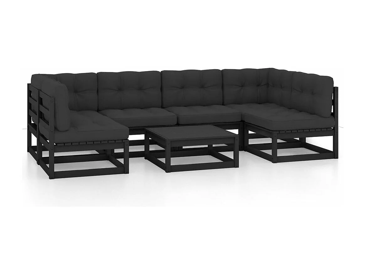 Set Divani da Giardino 7 pz con Cuscini Massello di Pino Nero
