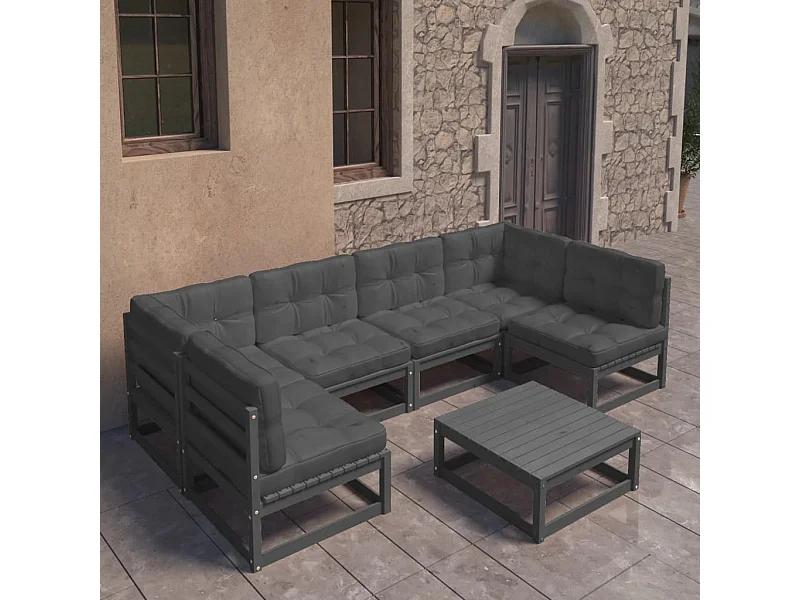 7pcs conjunto longue de jardim c/ almofadões pinho maciço preto