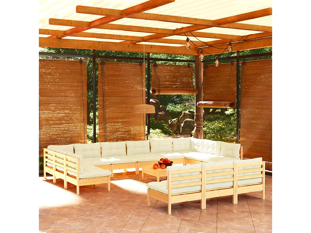 Salon de jardin 14 pcs avec coussins crème Bois de pin solide