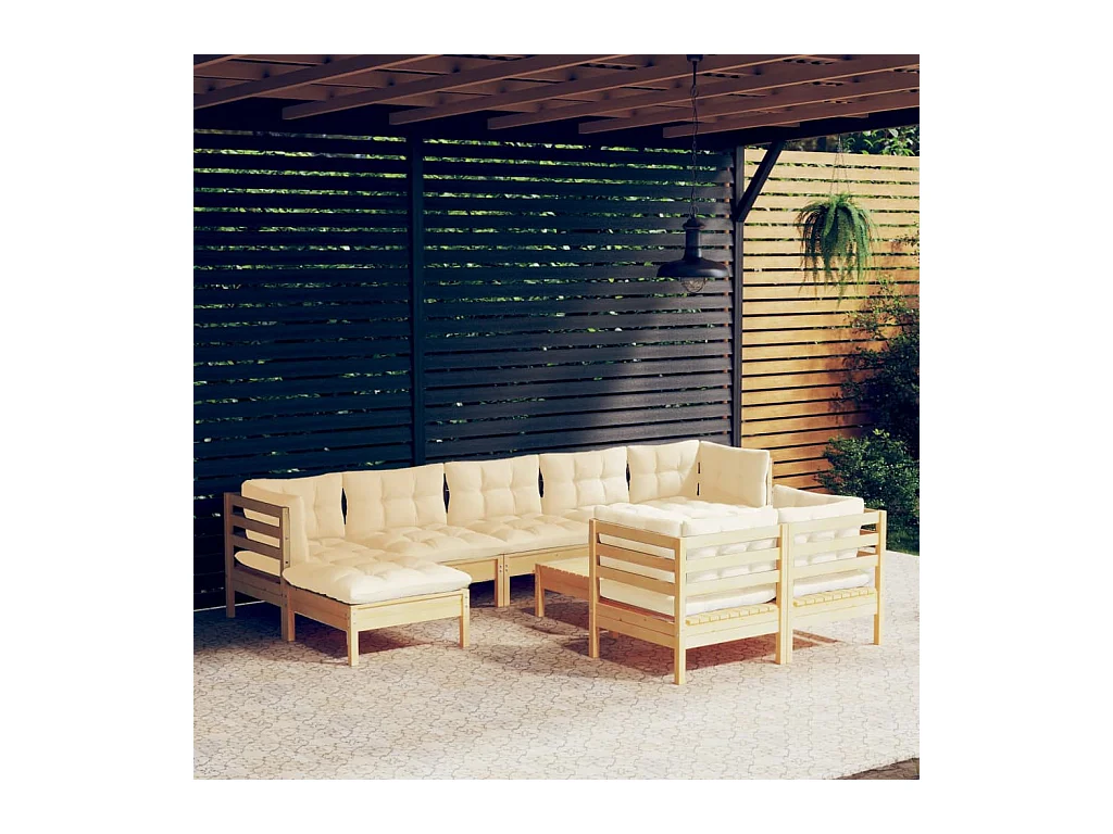 Salon de jardin 10 pcs avec coussins crème bois de pin massif