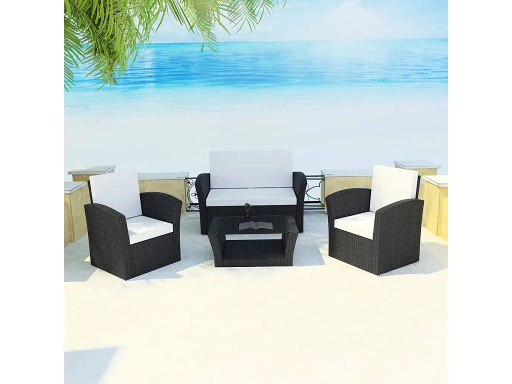 4-tlg. Garten-Lounge-Set mit Kissen Poly Rattan Schwarz