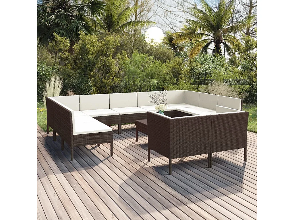12 pcs conjunto lounge jardim c/ almofadões vime PE castanho