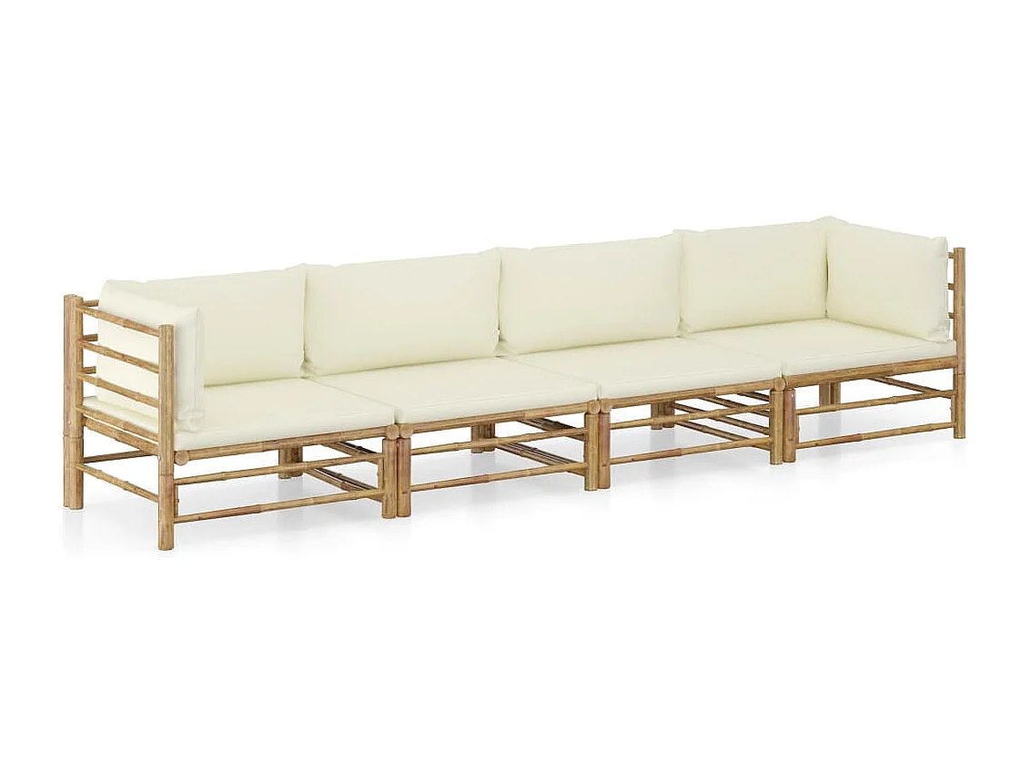 4-tlg. Garten-Lounge-Set mit Cremeweißen Kissen Bambus