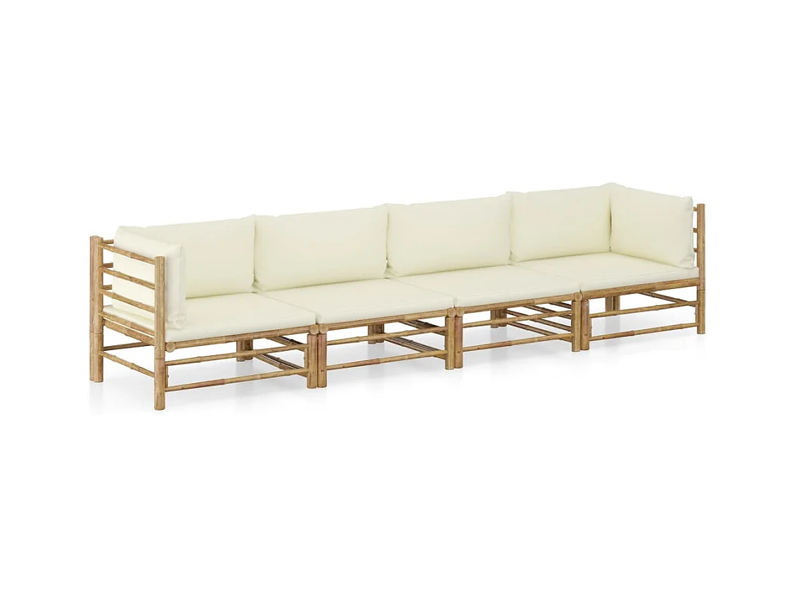 Salon de jardin 4 pcs avec coussins blanc crème bambou