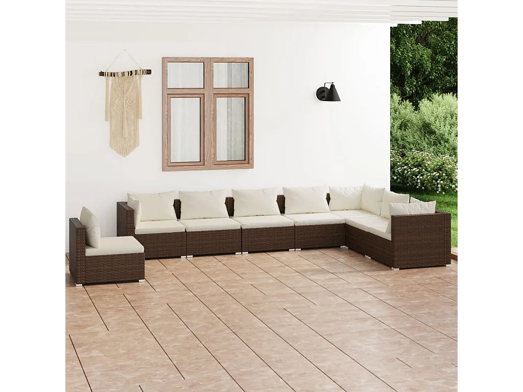 8-delige Loungeset met kussens poly rattan bruin