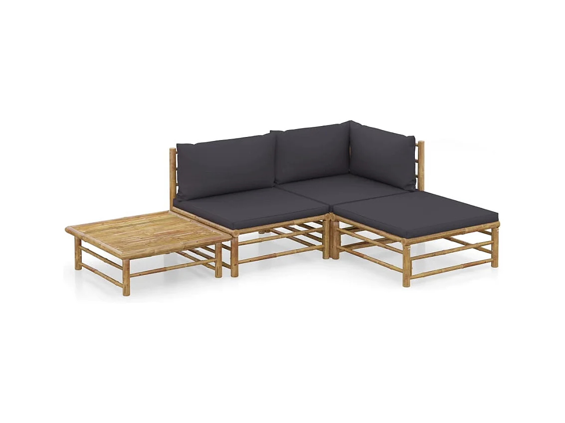 Salon de jardin 4 pcs avec coussins gris foncé bambou
