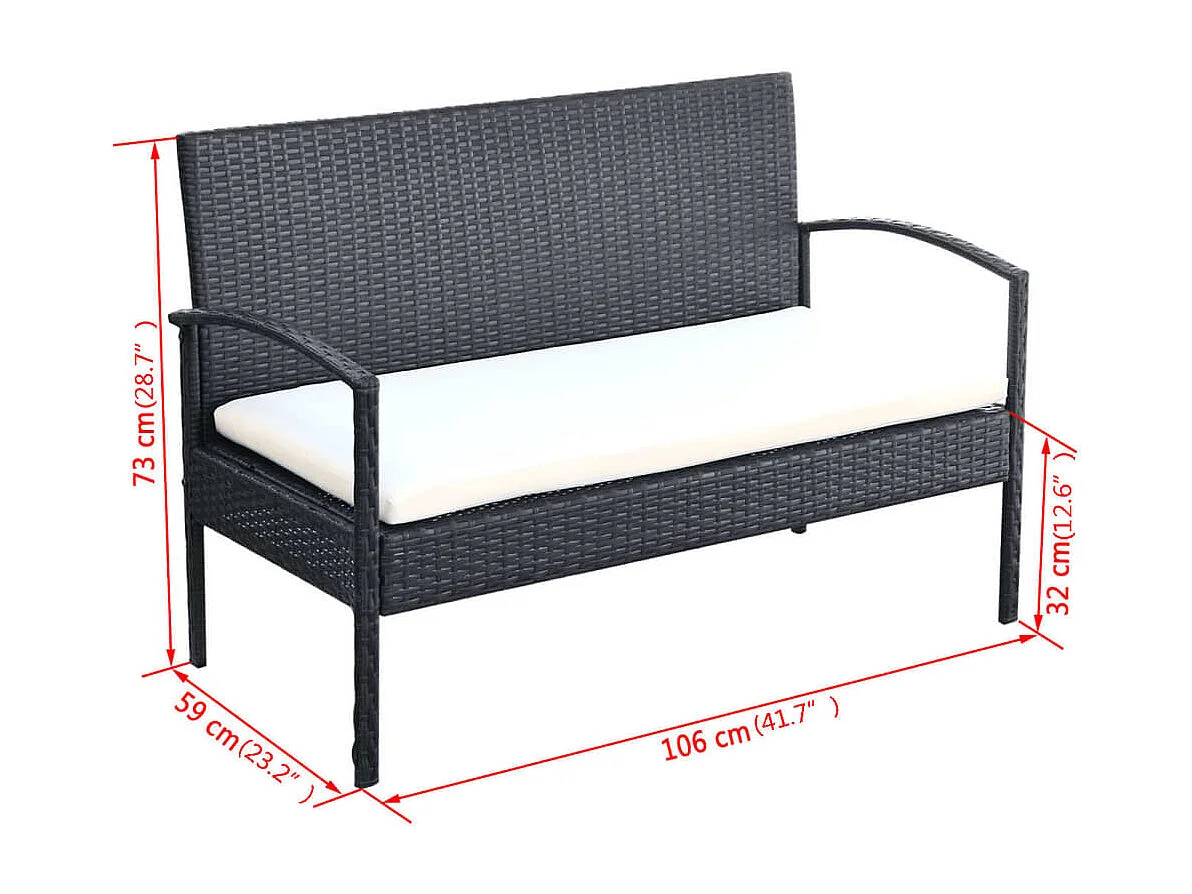 Salon de jardin 4 pcs avec coussins Résine tressée Noir