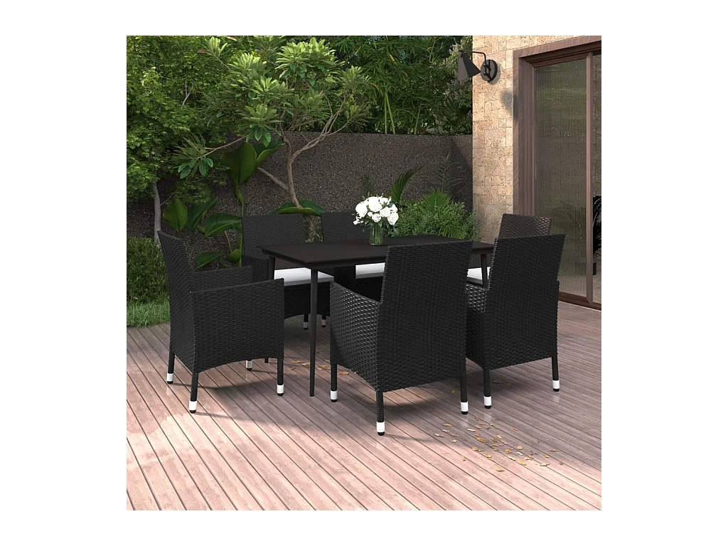 Set da Pranzo per Giardino 7 pz con Cuscini Polyrattan e Vetro
