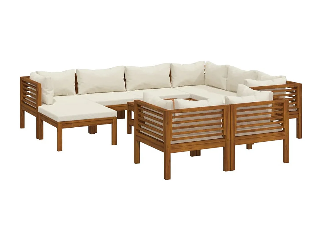 Set Divani da Giardino 10 pz con Cuscini Crema in Legno Acacia