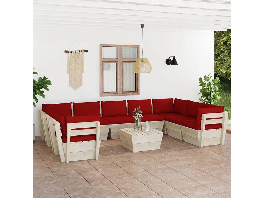 Salon de jardin palette 10 pcs avec coussins bois d'épicéa