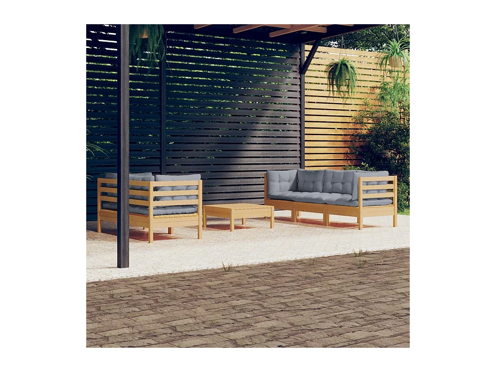 6-tlg. Garten-Lounge-Set mit Grauen Kissen Kiefernholz