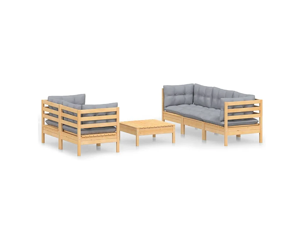 Set Divani da Giardino 6 pz con Cuscini Grigi Massello di Pino