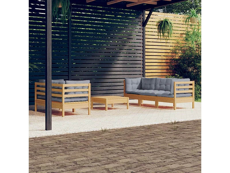 6-tlg. Garten-Lounge-Set mit Grauen Kissen Kiefernholz