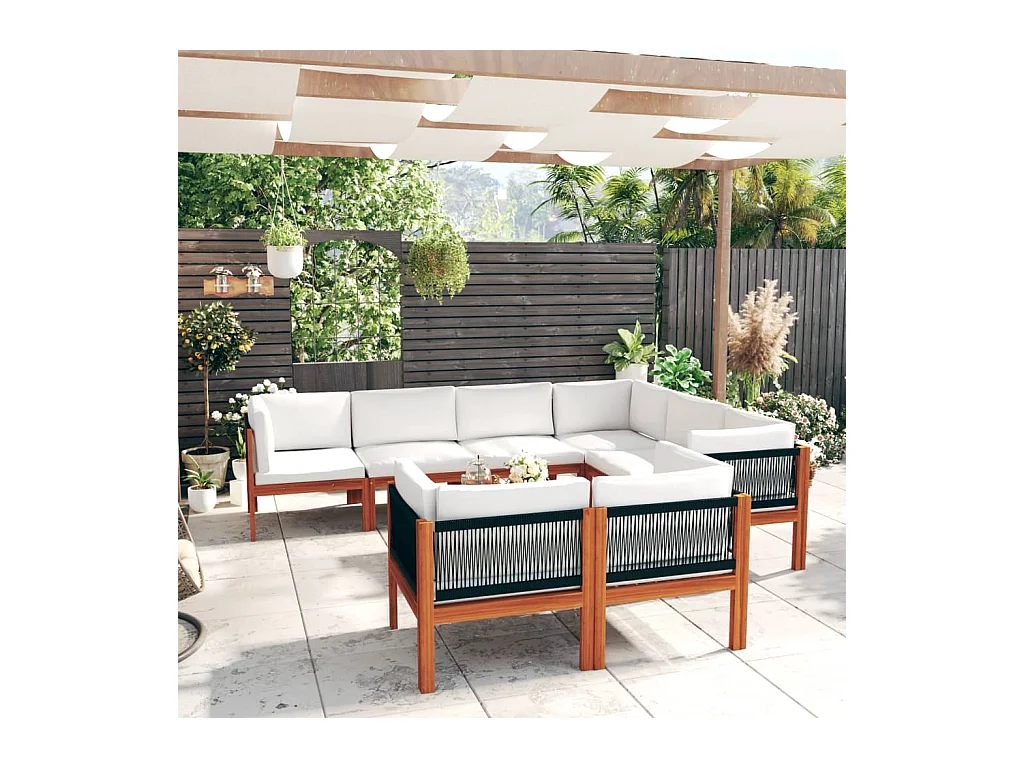 Salon de jardin 10 pièces avec coussins, bois crème, acacia et corde