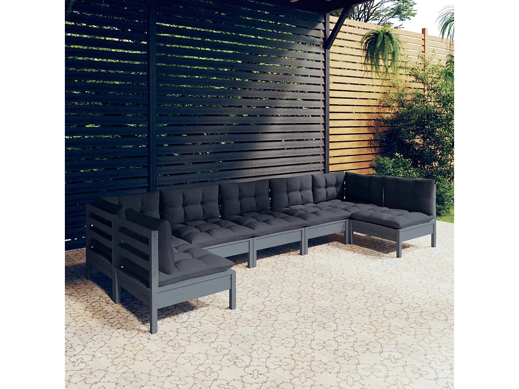 7-tlg. Garten-Lounge-Set mit Kissen Grau Kiefer Massivholz