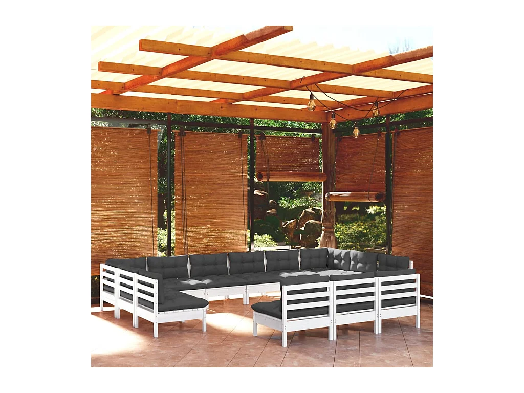 Salon de jardin 13 pcs avec coussins blanc bois de pin solide