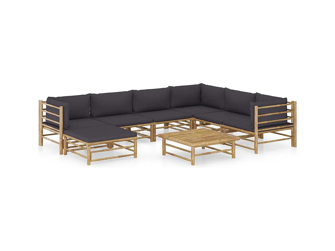 Salon de jardin 8 pcs avec coussins gris foncé bambou