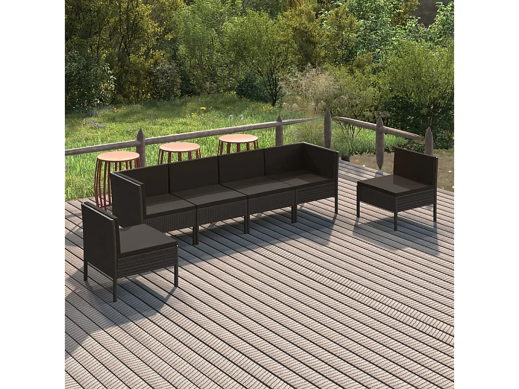 6-delige Loungeset met kussens poly rattan zwart