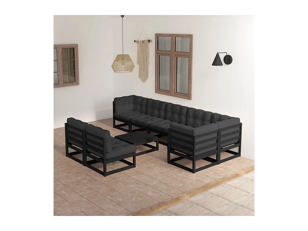 9-delige Loungeset met kussens massief grenenhout