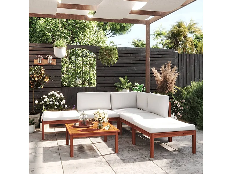 Conjunto de lounge de jardim  com 6 peças e almofadas em madeira de acácia creme e corda
