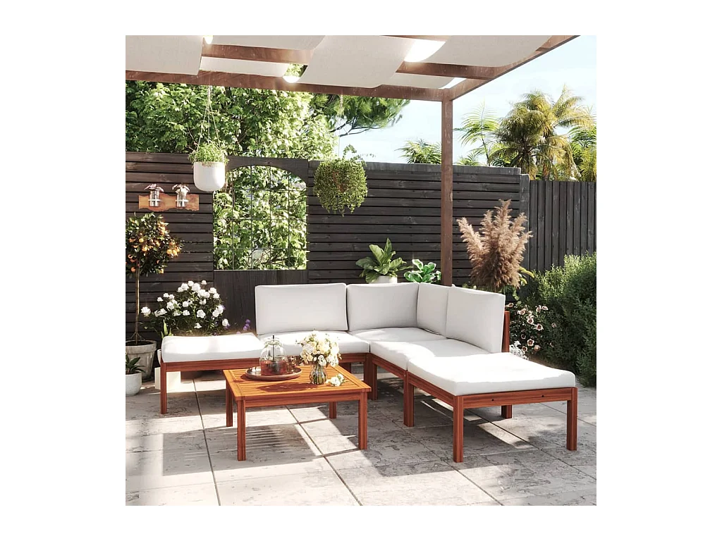 Salon de jardin 6 pièces avec coussins, bois d'acacia crème et corde